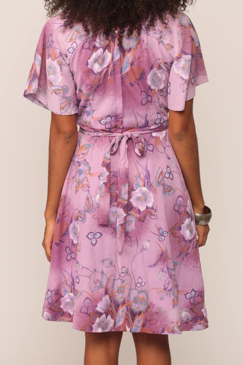 70s Purple Floral Butterfly Midi Dress High Waist Wrap Belted Medium