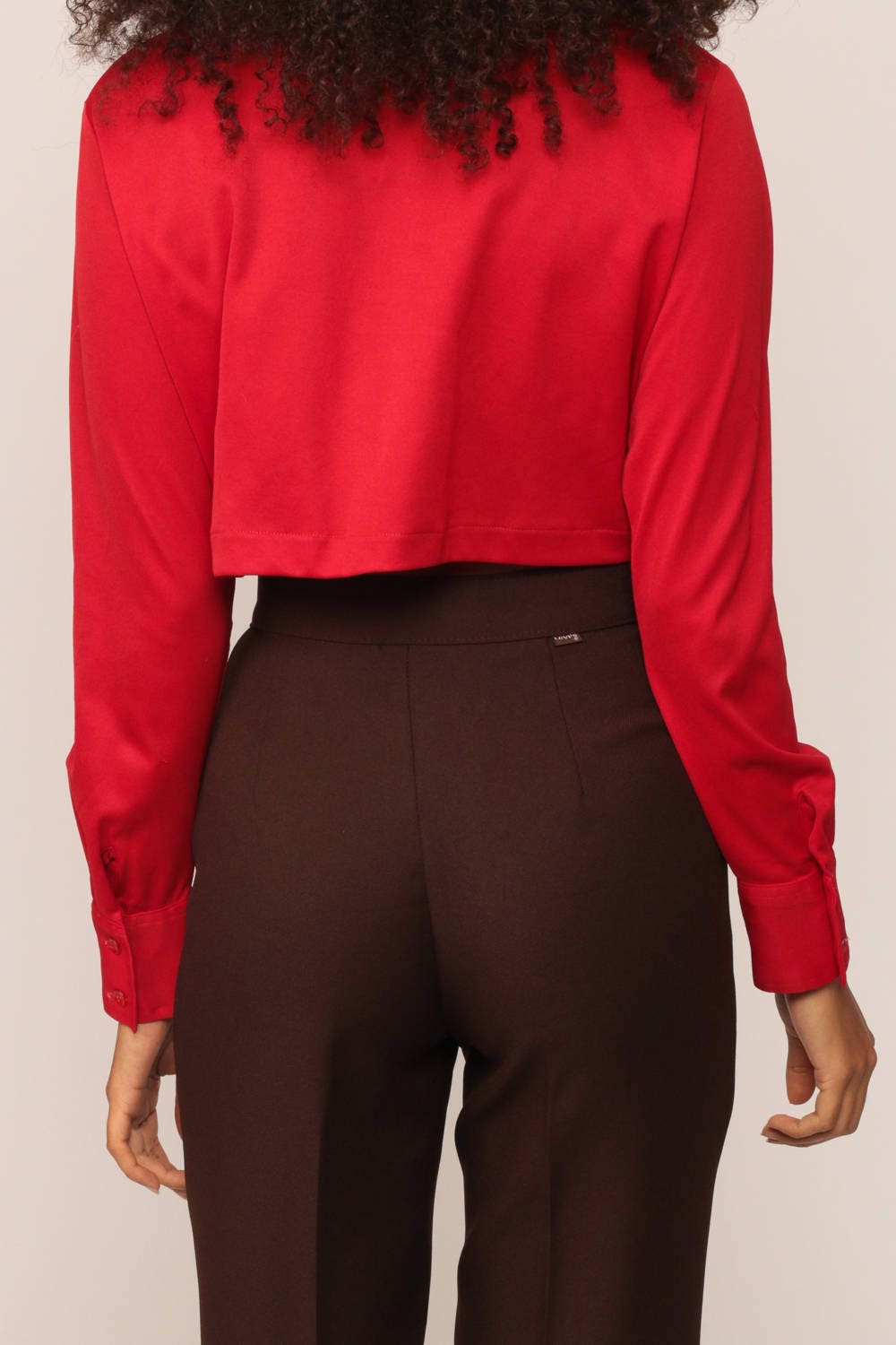 70s Red Crop Top Button-Up Collared Shirt Long Sleeve Small Medium