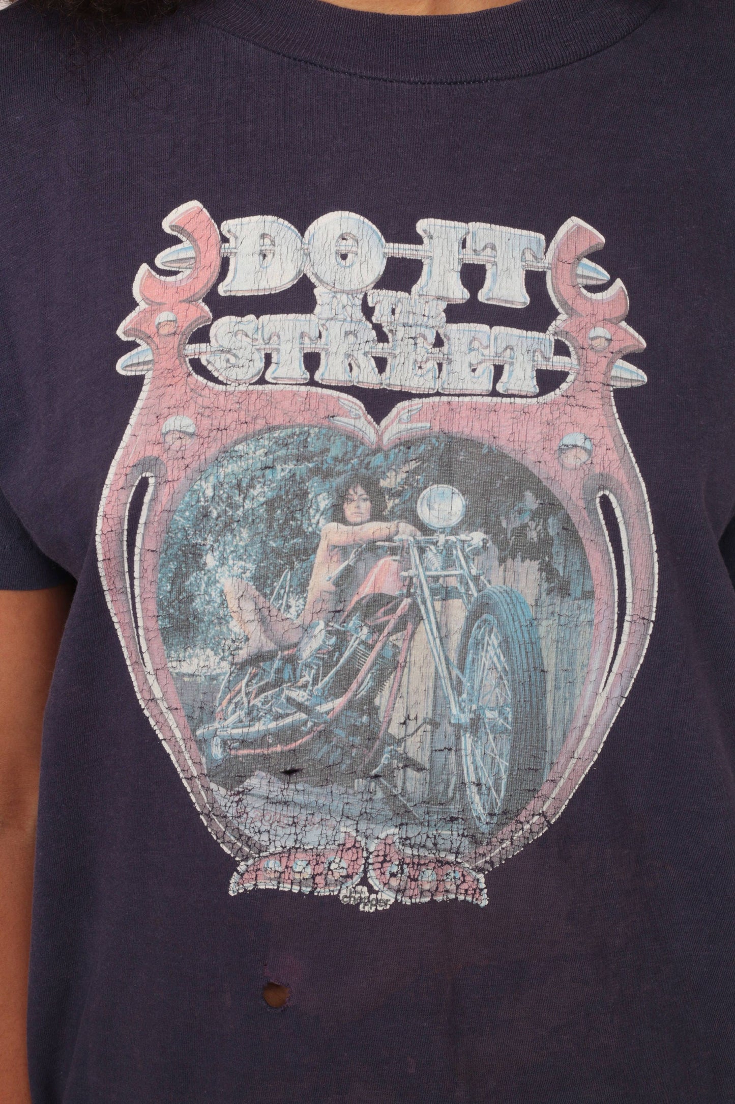 1976 Naked Biker Chick Motorcycle Graphic T-Shirt Faded Blue Large