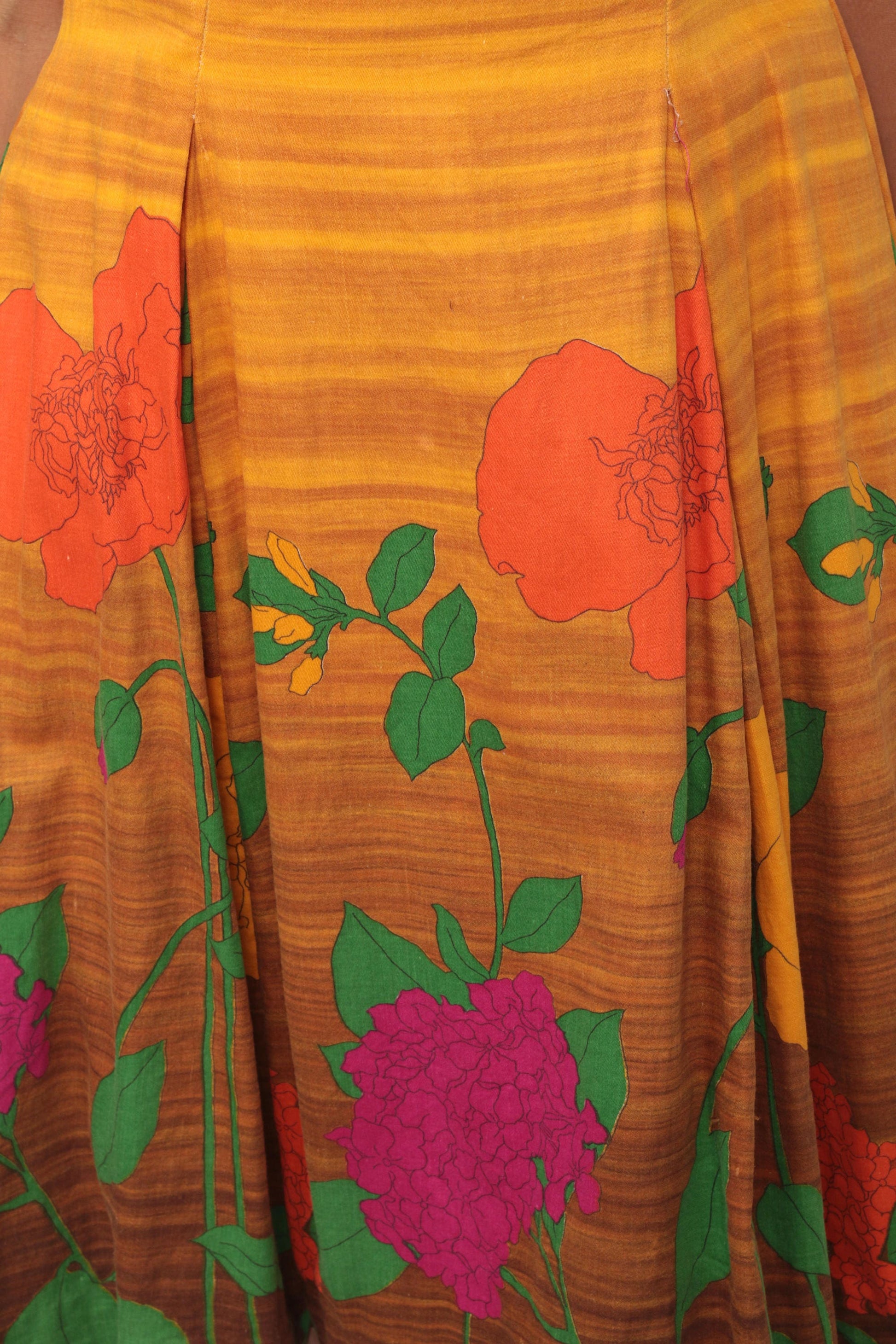 60s Floral Mini Dress Golden Yellow Brown Empire Waist Pleated Cotton Small