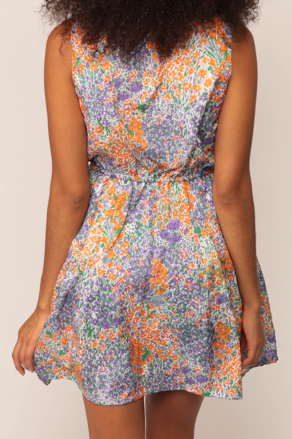 70s Floral Mini Dress Purple Orange Button Up Sleeveless High Waist Small