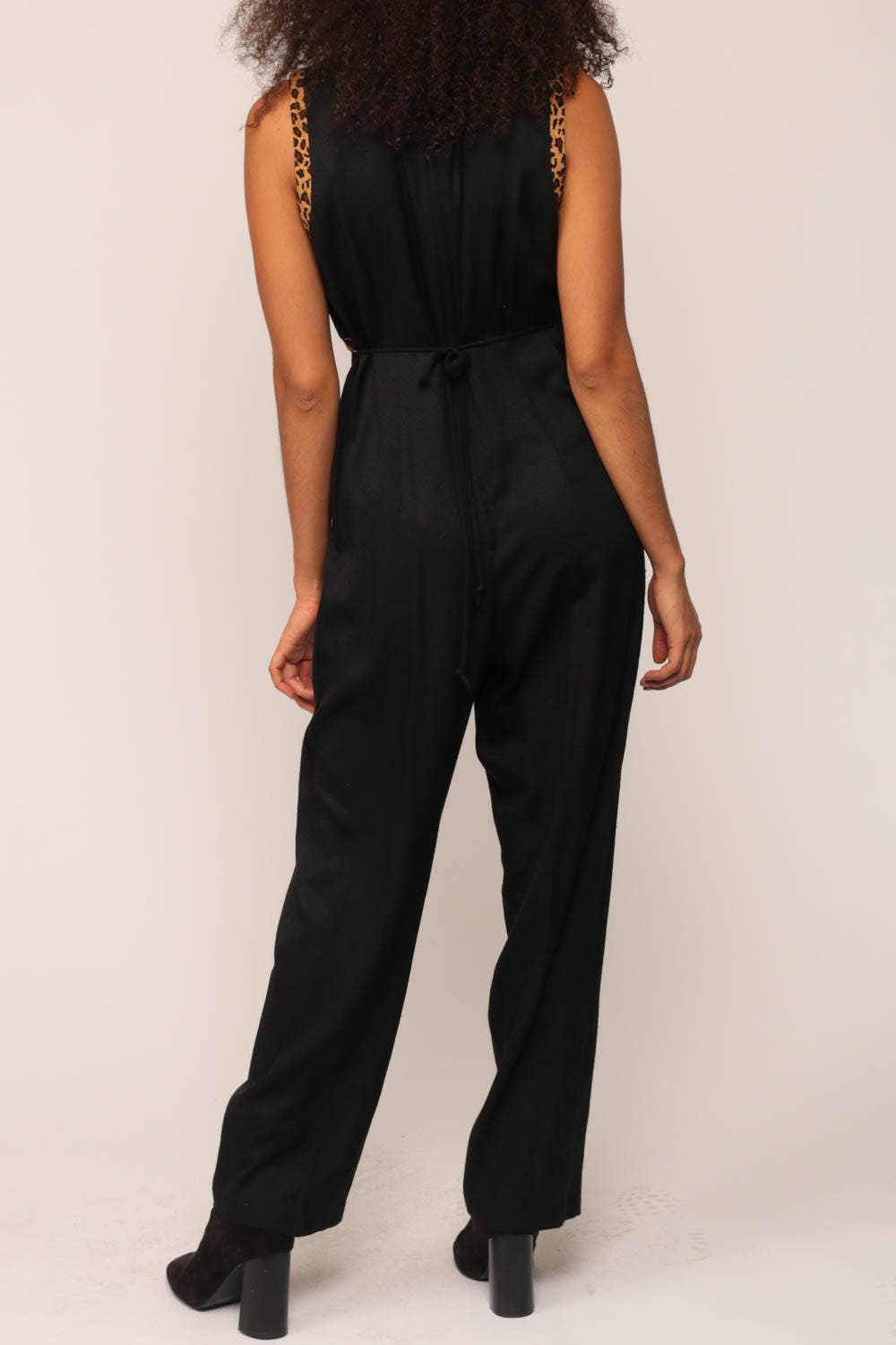 80s Black Leopard Print Jumpsuit High Waisted Tank Romper Small Medium