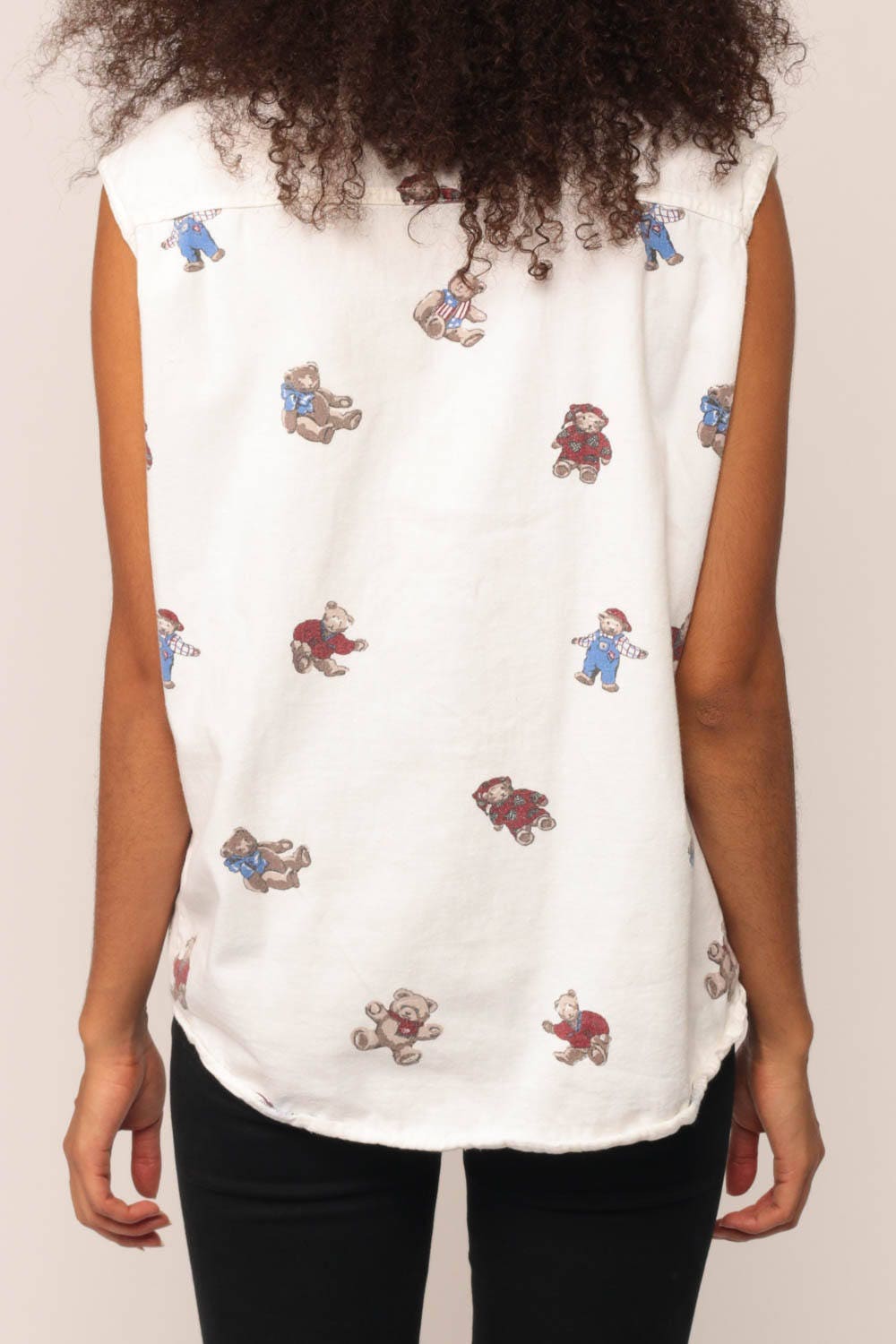 90s Teddy Bear Print Denim Collar Button-Up Blouse White Sleeveless Large