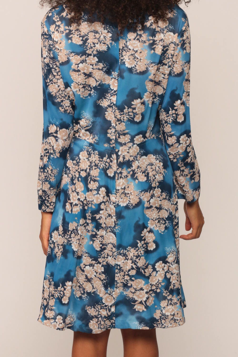 70s Floral Mini Dress Empire Waist Long Sleeve Blue Lace Trim Extra Large