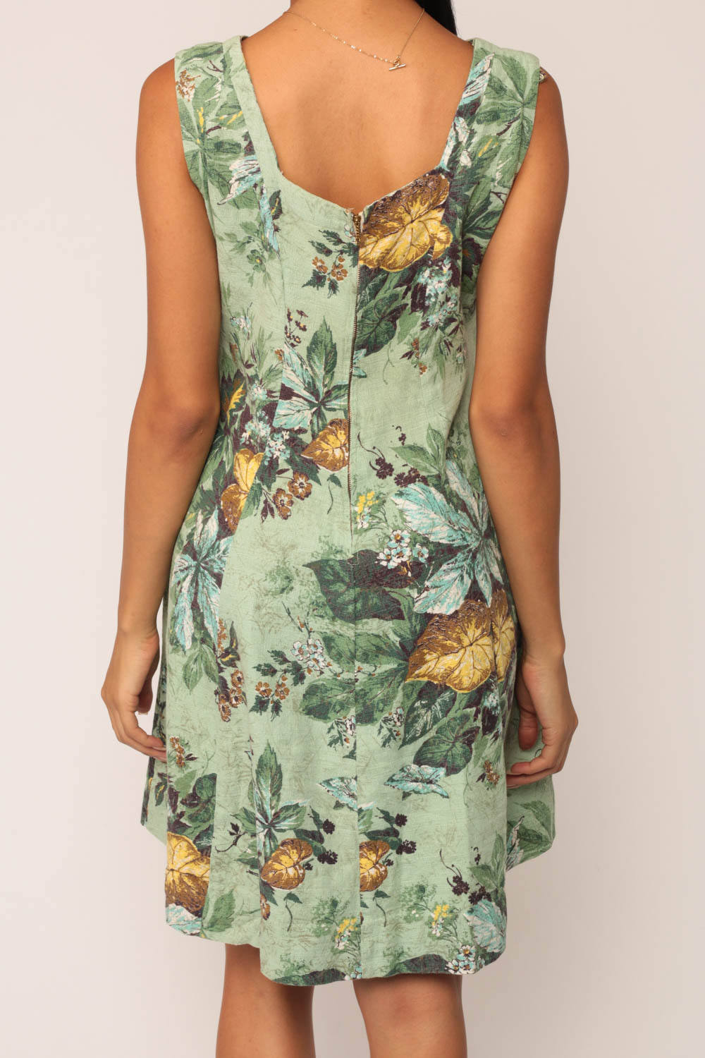 1950s Green Floral Leaf Print Sleeveless V-Neck Mini Dress Empire Waist Large