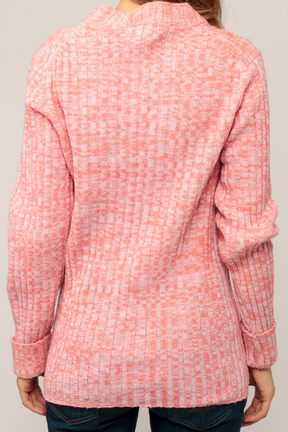70s Space Dye Cardigan Sweater Orange Pink Ribbed Knit Button Up Medium