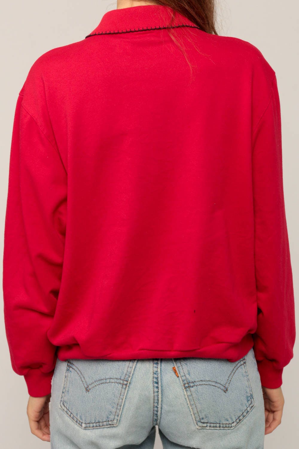 80s Cat Kitten Apple Basket Graphic Sweatshirt Red Collared Medium