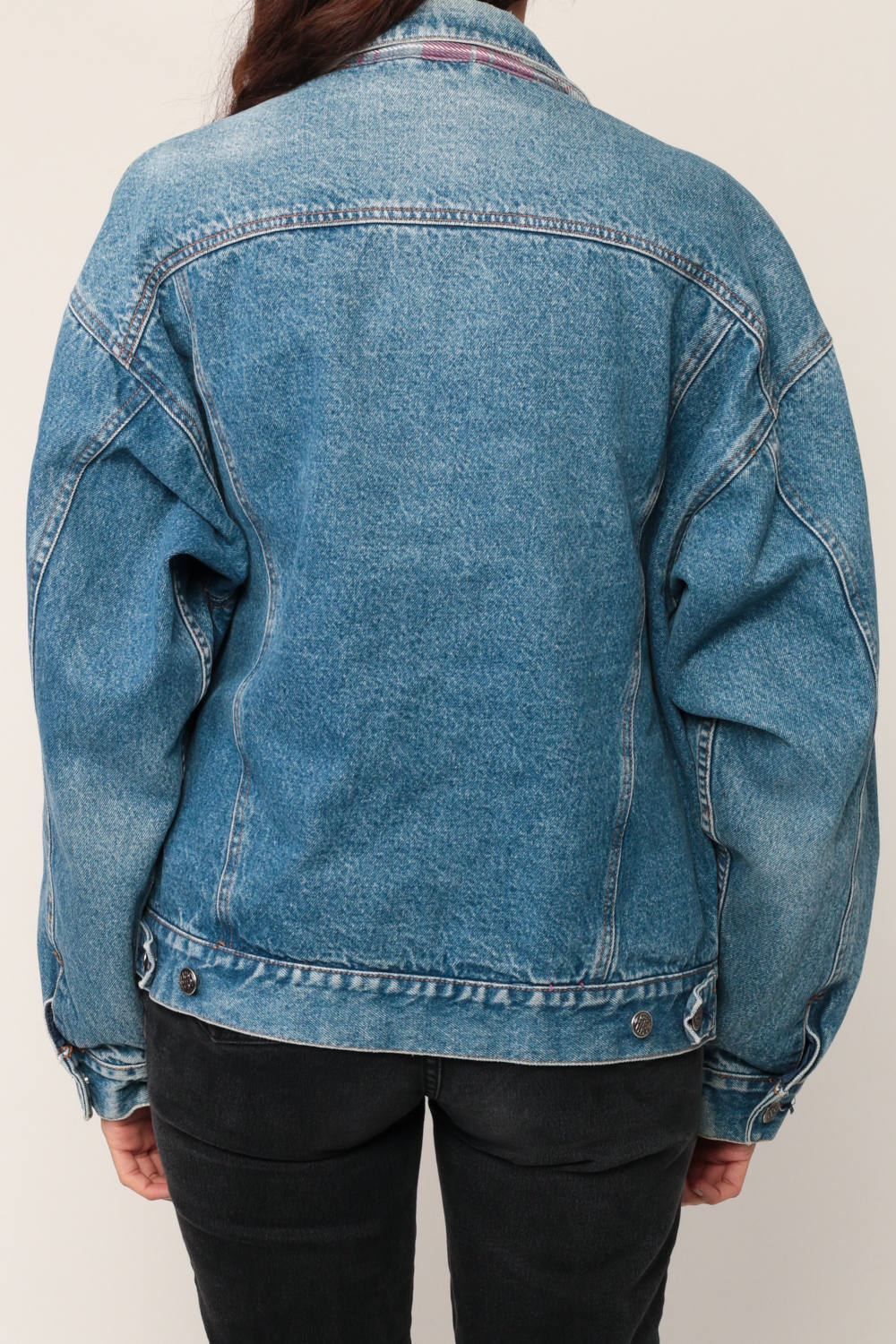 80s Blue Stone Wash Denim Jacket Plaid Lined Trucker Large