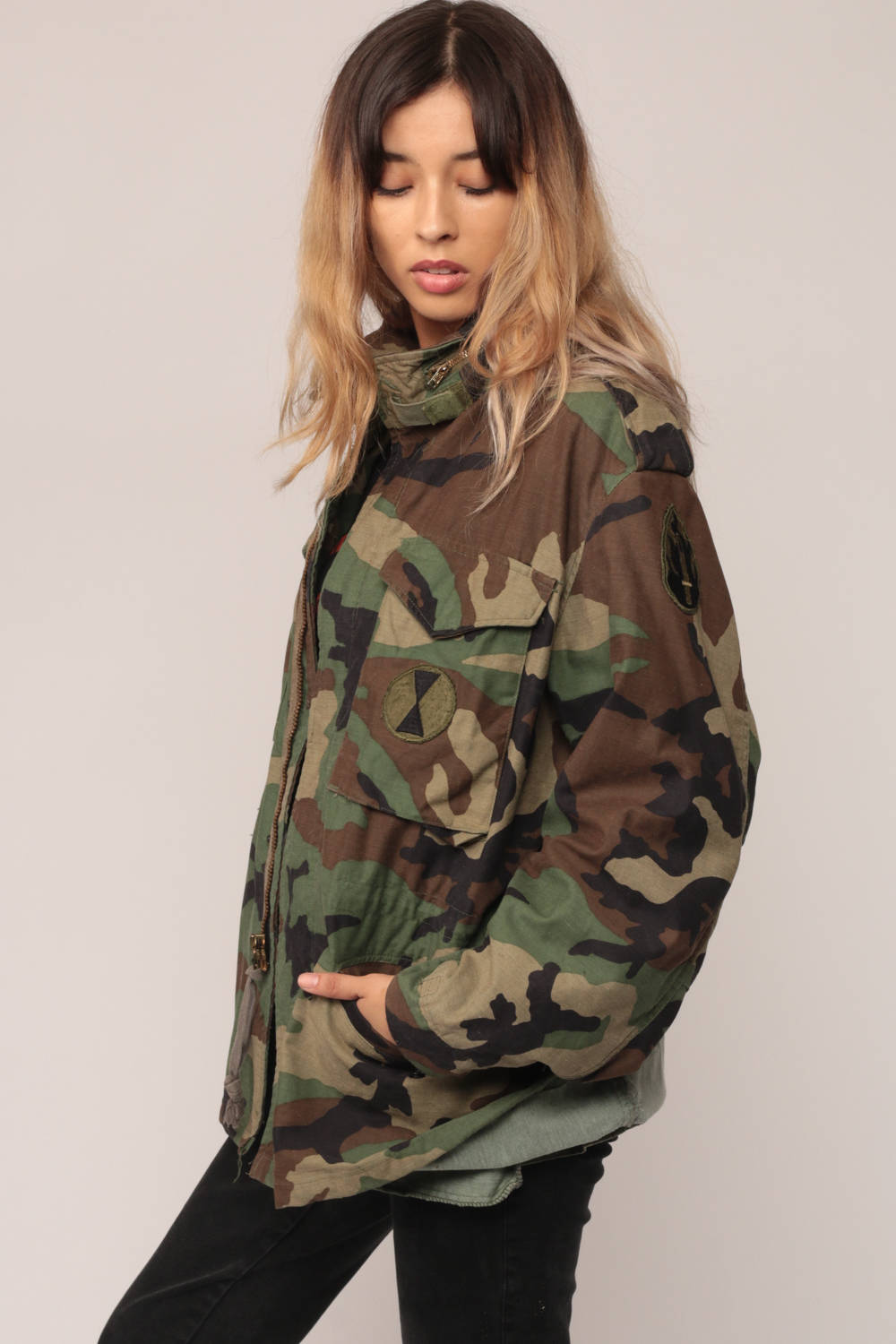 80s Camo Military Jacket Olive Green Brown Cargo Zip Unisex Small
