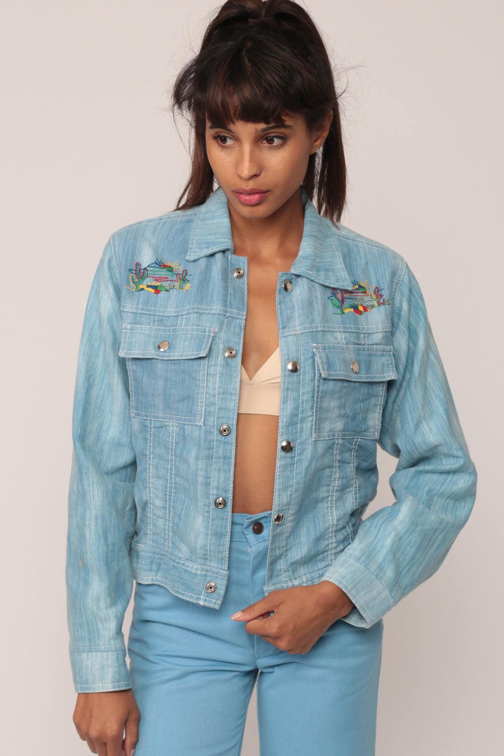 70s Embroidered Cactus Denim Jacket Blue Jean Jacket Extra Small