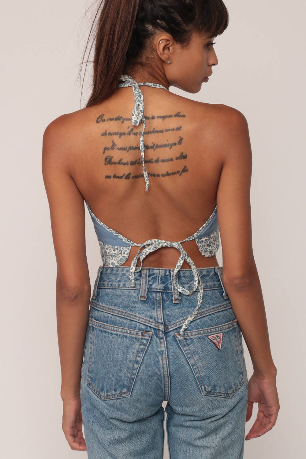 90s Blue Floral Halter Crop Top Backless Tie-Back Blouse Extra Small