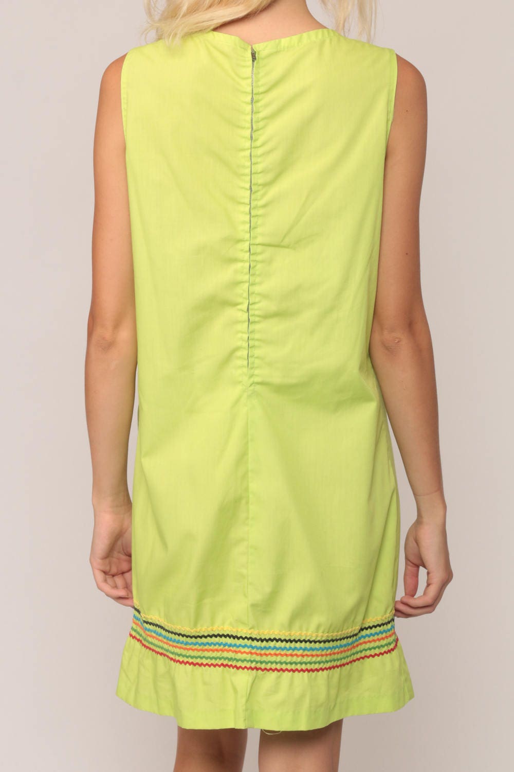 60s Lime Green Shift Mini Dress Lace-Up Corset Neckline Sleeveless Medium