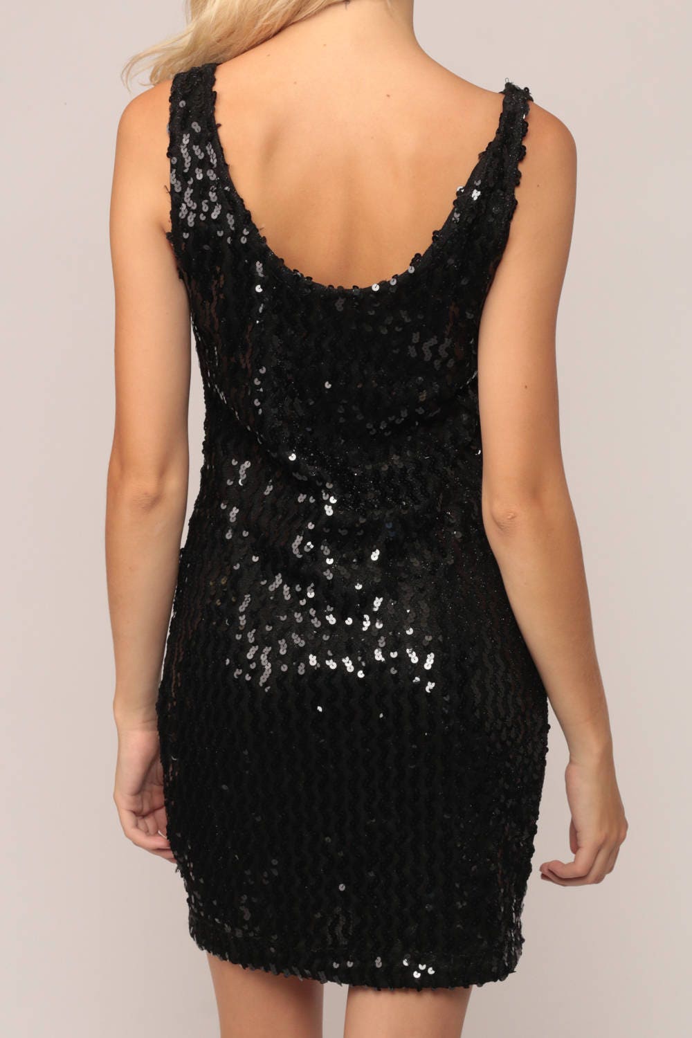 90s Black Sequin Mini Dress Bodycon Sheath Sleeveless Medium Large
