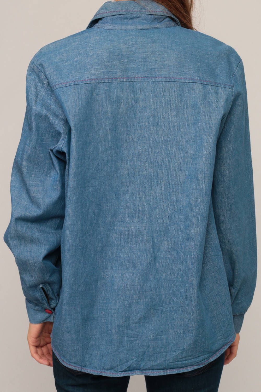 70s Blue Denim Shirt Red Snap Button Up Long Sleeve Unisex Large