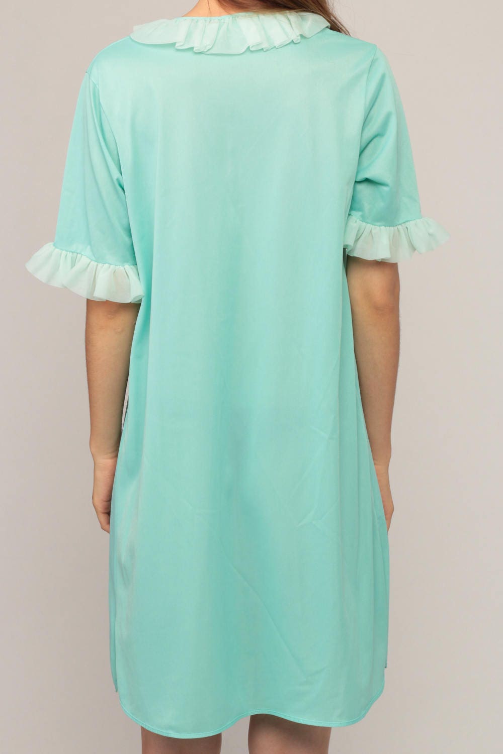 70s Seafoam Blue Babydoll Nightgown Mini Ruffle Trim Small Medium
