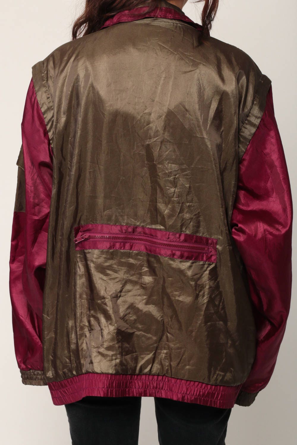90s Color Block Windbreaker Jacket Removable Sleeves Red Brown Large