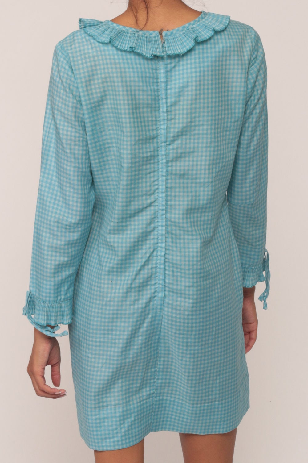 60s Blue Gingham Mini Dress Mod Shift Long Sleeve Ruffle Extra Small XS