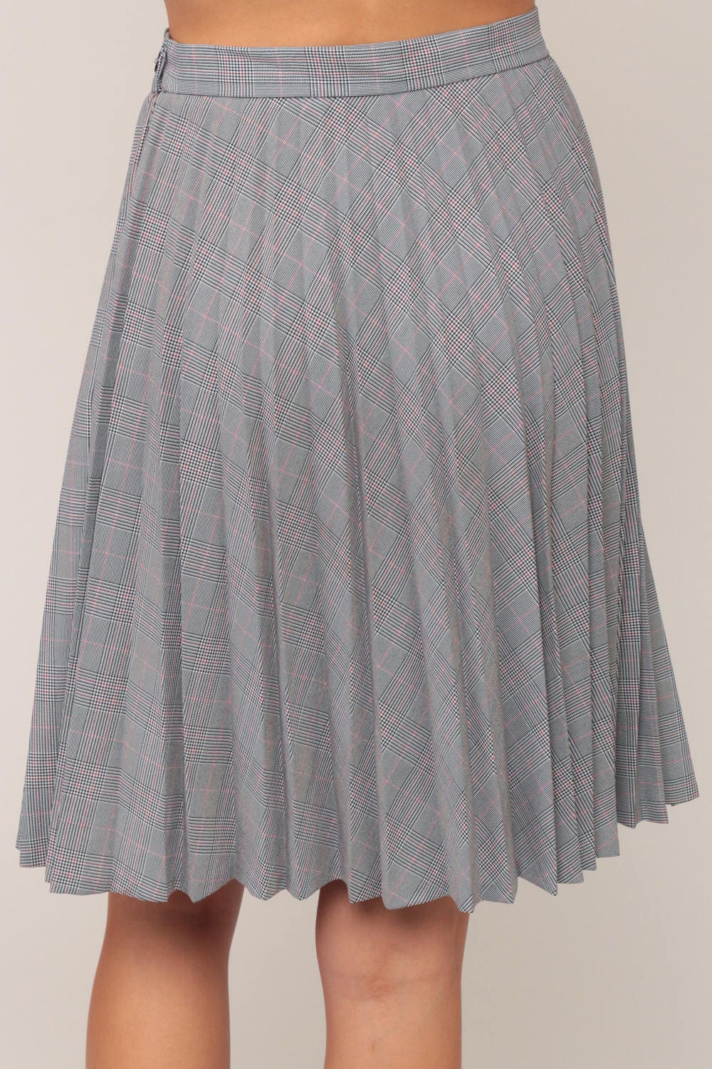 70s Black White Pink Houndstooth Pleated Midi Skirt High Waist Extra Small