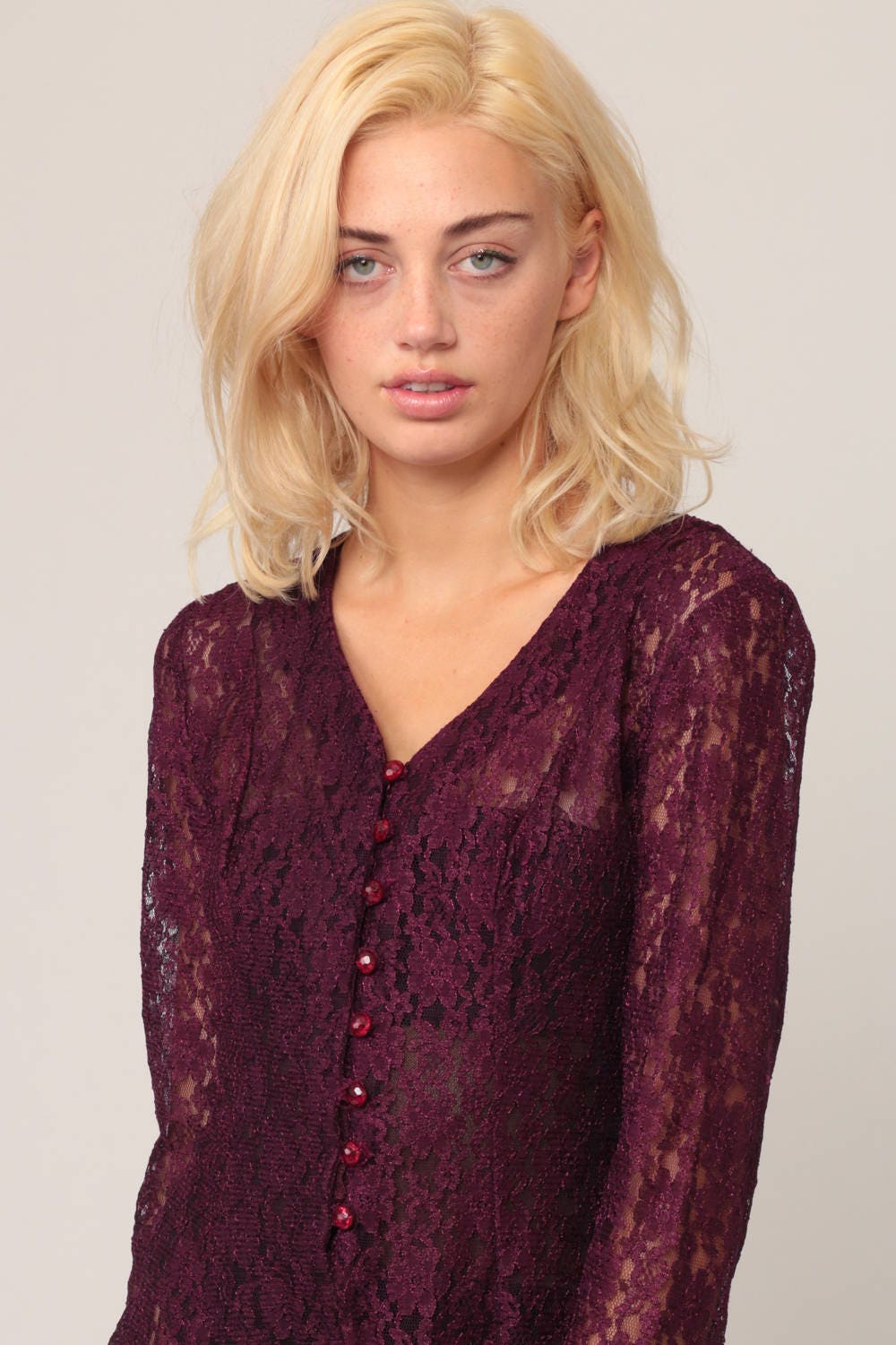 90s Purple Lace Mini Dress Button-Up Long Sleeve Sheer Fitted Small