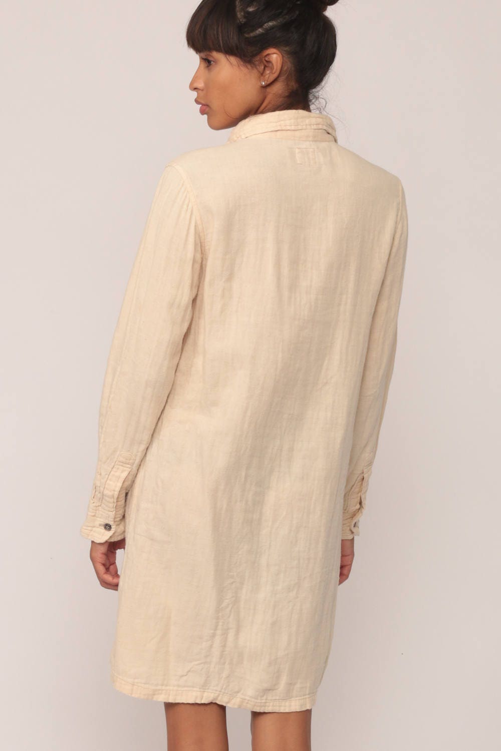 90s Cream Cotton Button-Up Mini Shirtdress Long Sleeve Extra Small XS