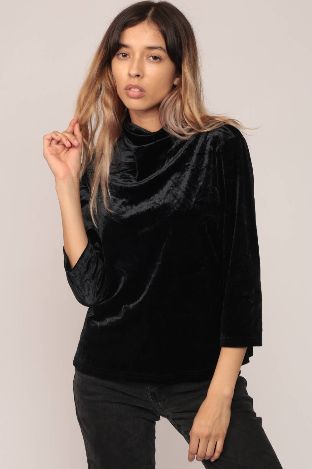 90s Black Velvet High Neck Long Sleeve Top Large