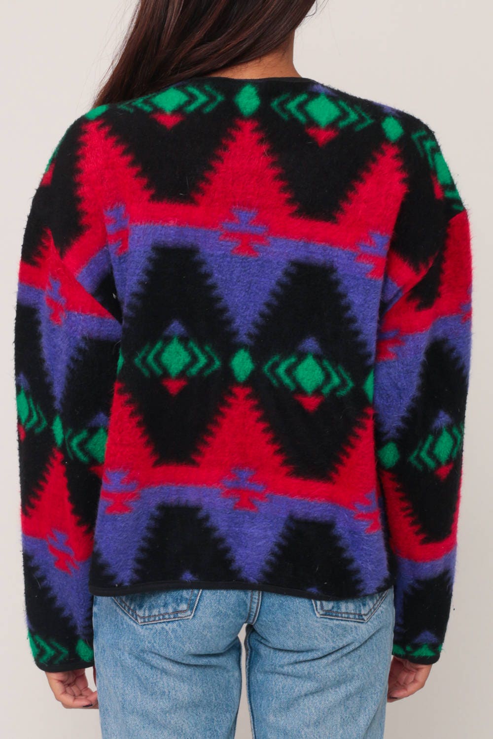 90s Tribal Fleece Jacket Aztec Print Button-Up Blazer Red Purple Medium