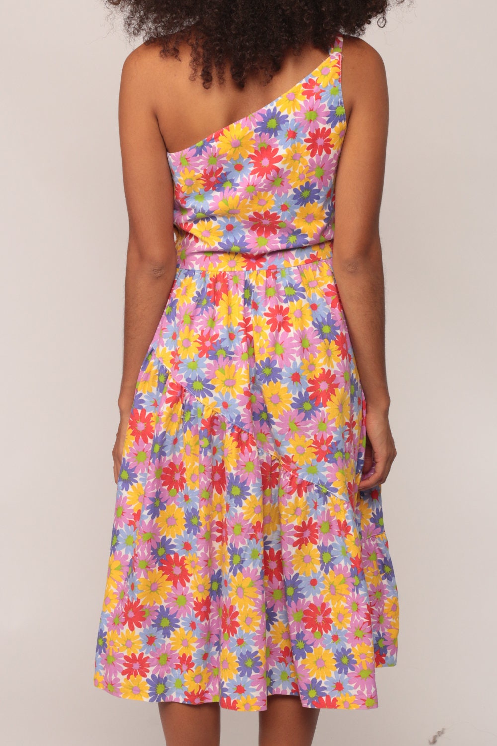 70s Lanz Floral One-Shoulder Midi Dress High Waist Pocket Cotton Extra Small