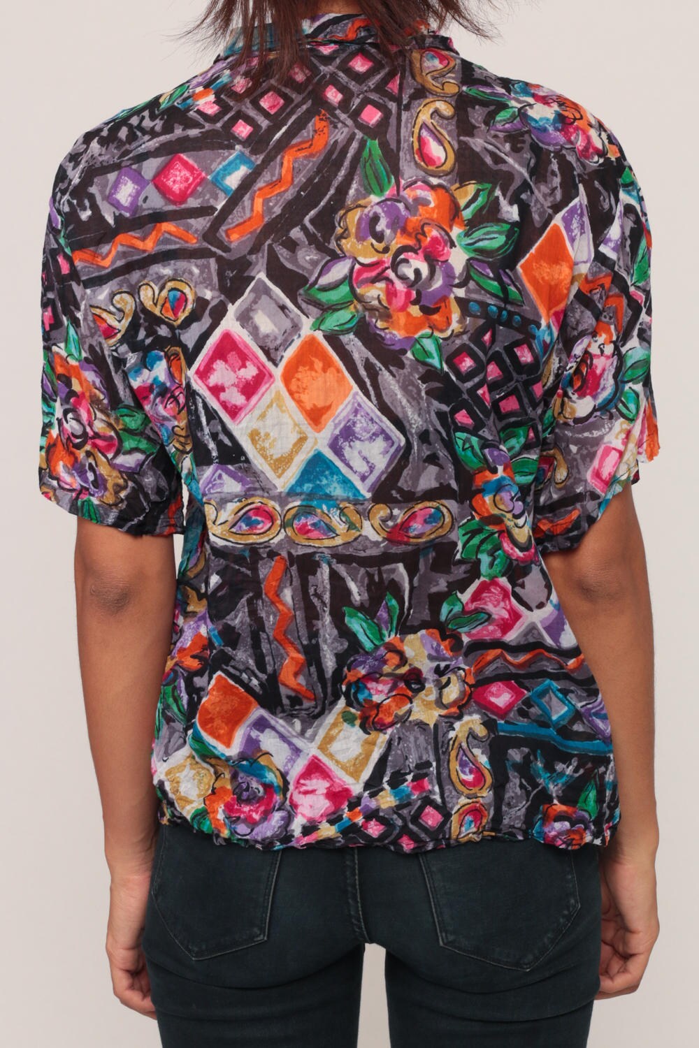 90s Watercolor Floral Button-Up Blouse Short Sleeve Cotton Medium
