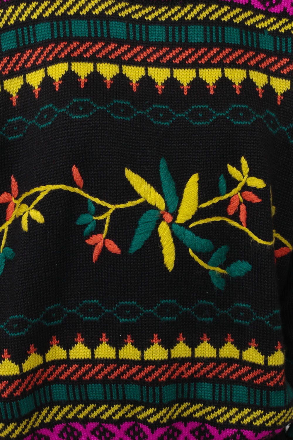 80s Floral Embroidered Funnel Neck Sweater Black Knit Plus Size XXL