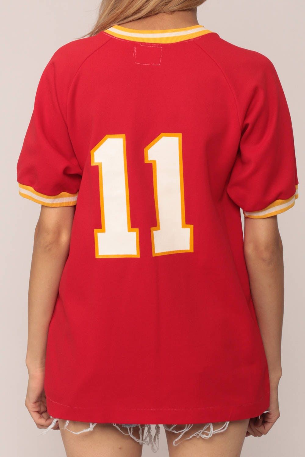 80s Warriors 11 Baseball Tee Ringer Shirt Red V-Neck Graphic Medium