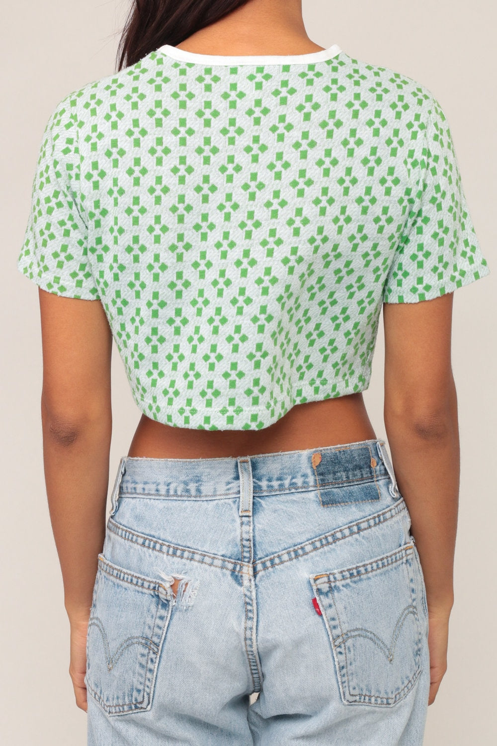 70s Geometric Crop Top Green T-Shirt Short Sleeve Small Medium