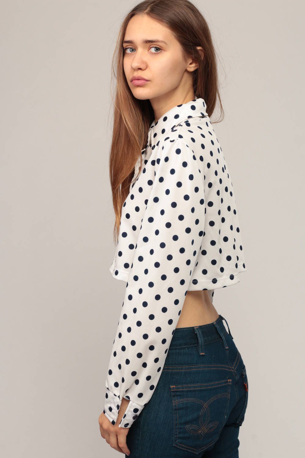 70s White Blue Polka Dot Crop Top Button Up Blouse Long Sleeve Small Medium