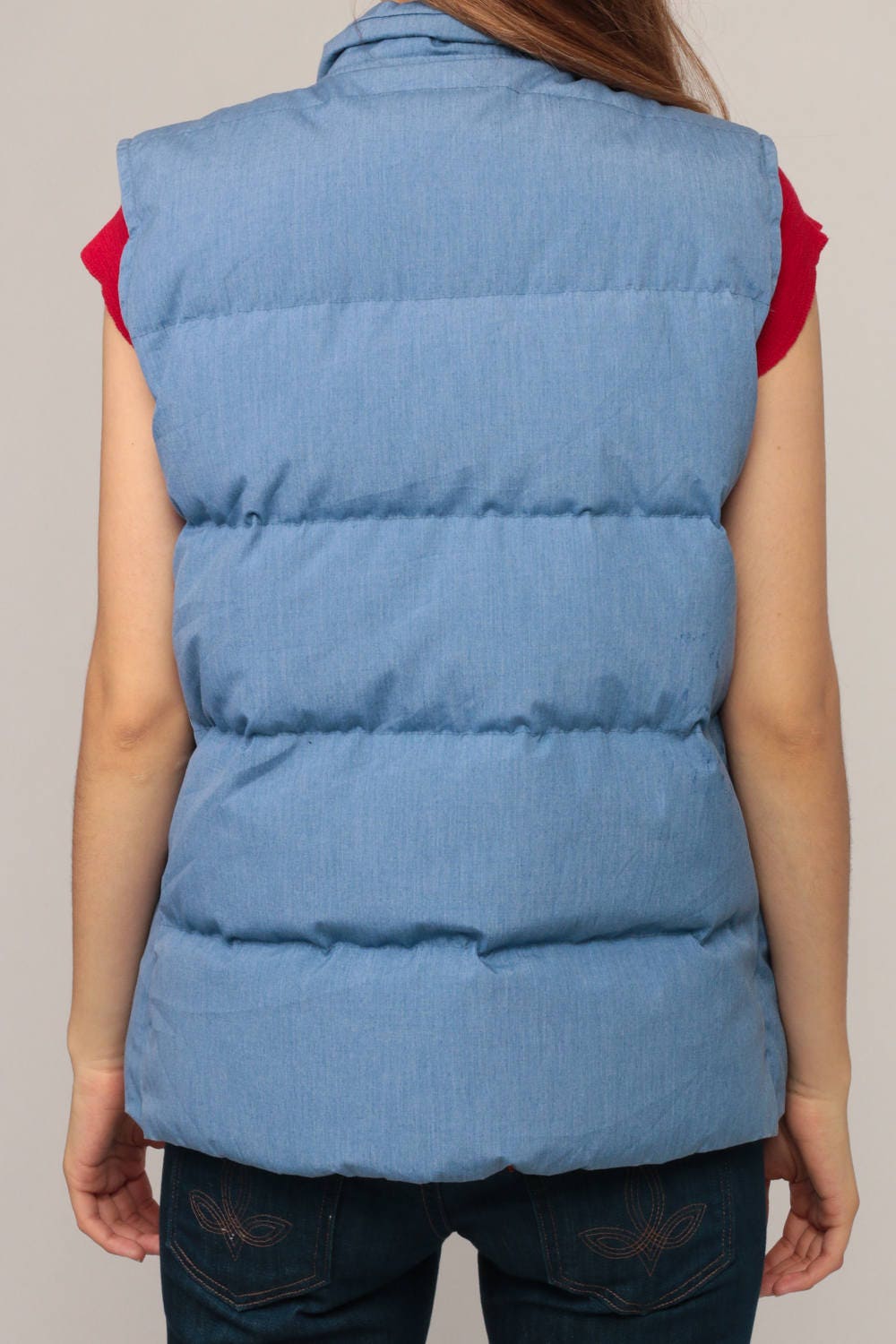 70s Goose Down Puffer Vest Blue Sleeveless Unisex Extra Small