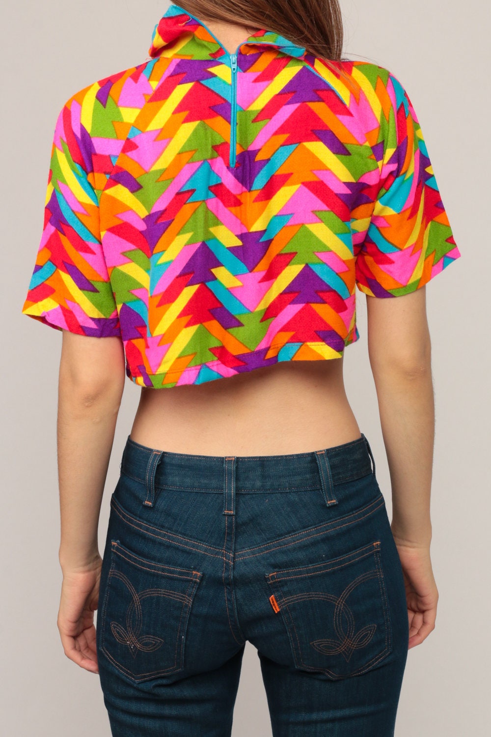 70s Rainbow Geometric Crop Top Turtleneck Short Sleeve Small