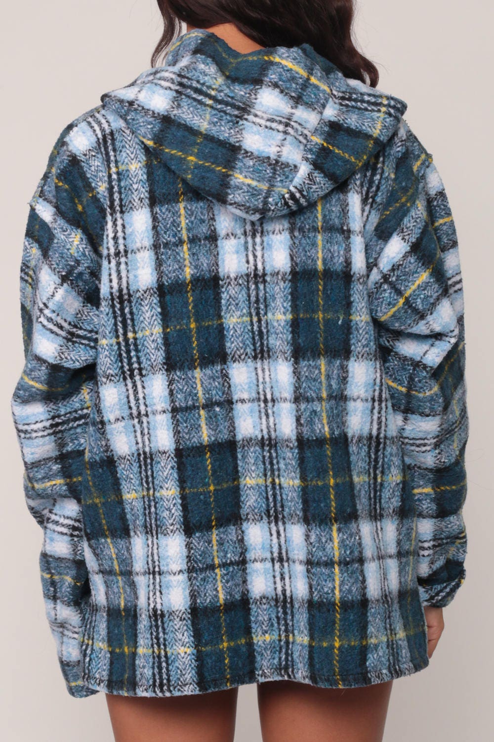 90s Blue Plaid Hooded Sweatshirt Jacket Kangaroo Pocket Small