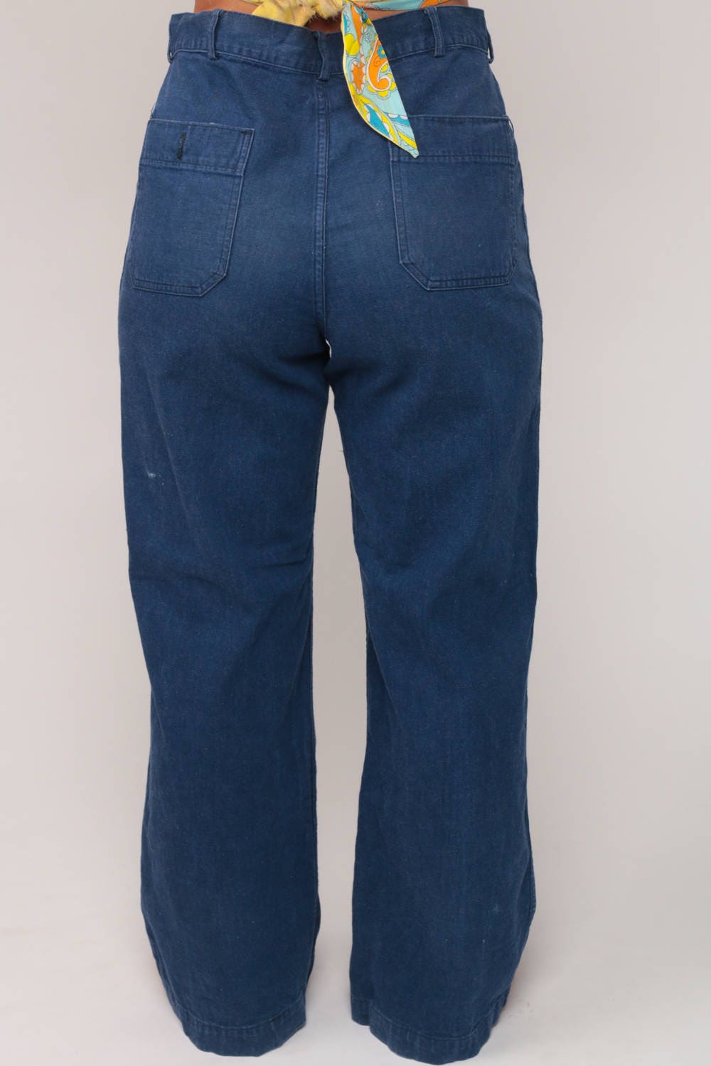 70s High Waisted Bell Bottom Jeans Blue Denim Wide Leg Button Fly Medium
