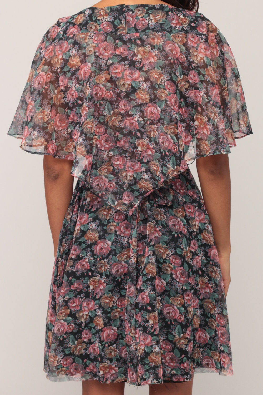 1970s Floral Mini Dress Flutter Capelet High Waist Small