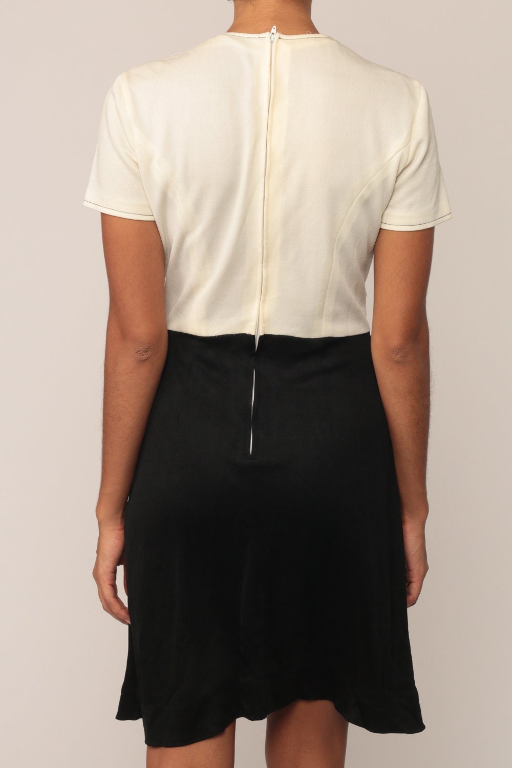 70s Mod Mini Dress Lace-Up Bodice Black Off-White High Waist Small