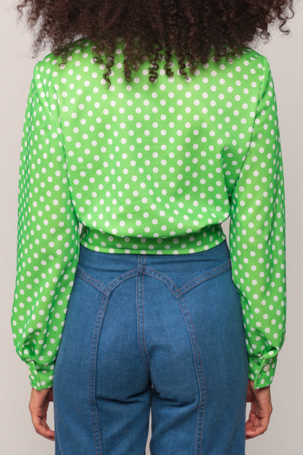 70s Lime Green Polka Dot Crop Top Long Sleeve Button Up Blouse Medium Large