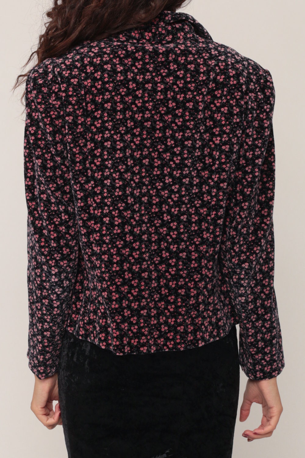 80s Velvet Floral Blazer Jacket Black Pink Extra Small