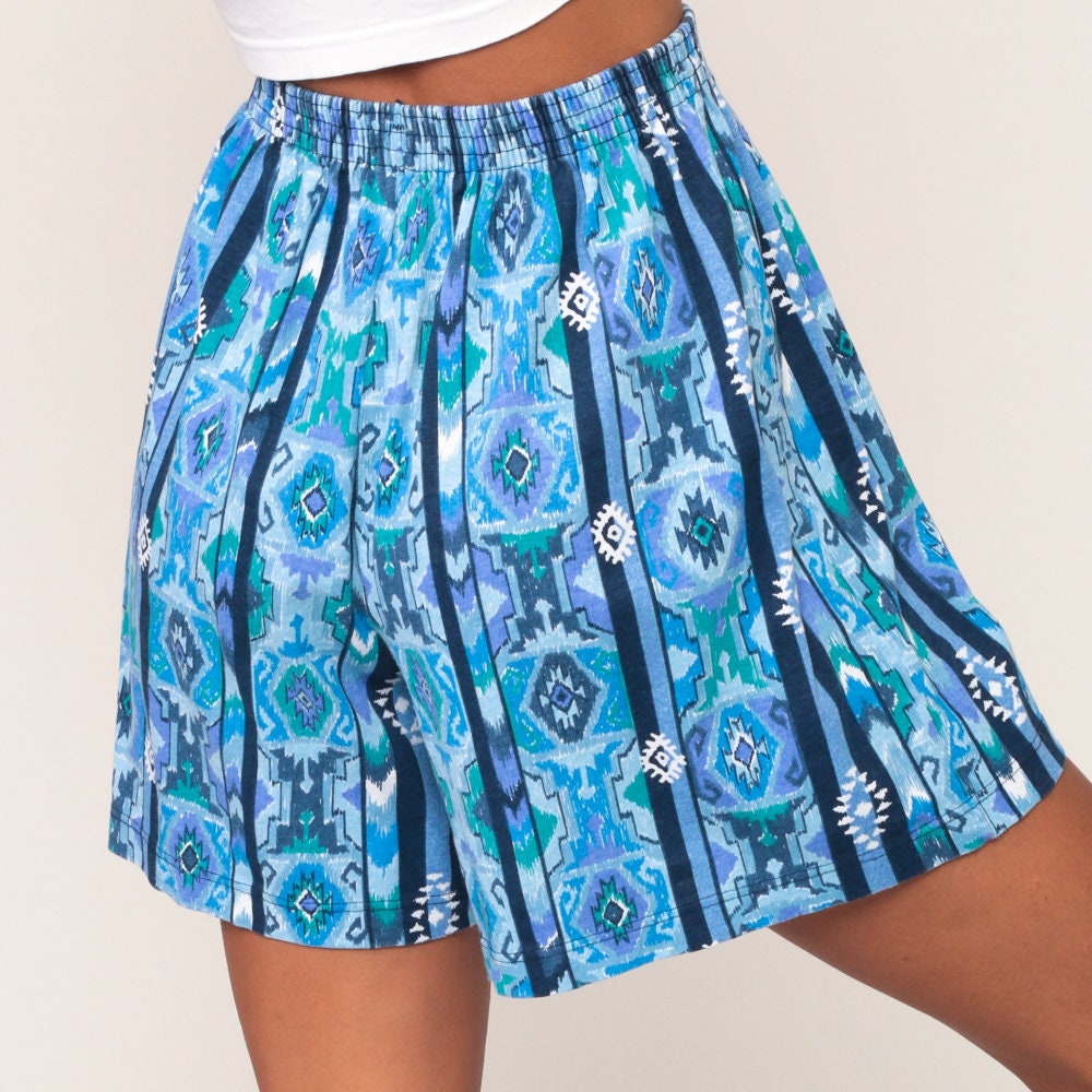 90s Southwestern Tribal Print High-Waist Shorts Blue Striped Small Medium