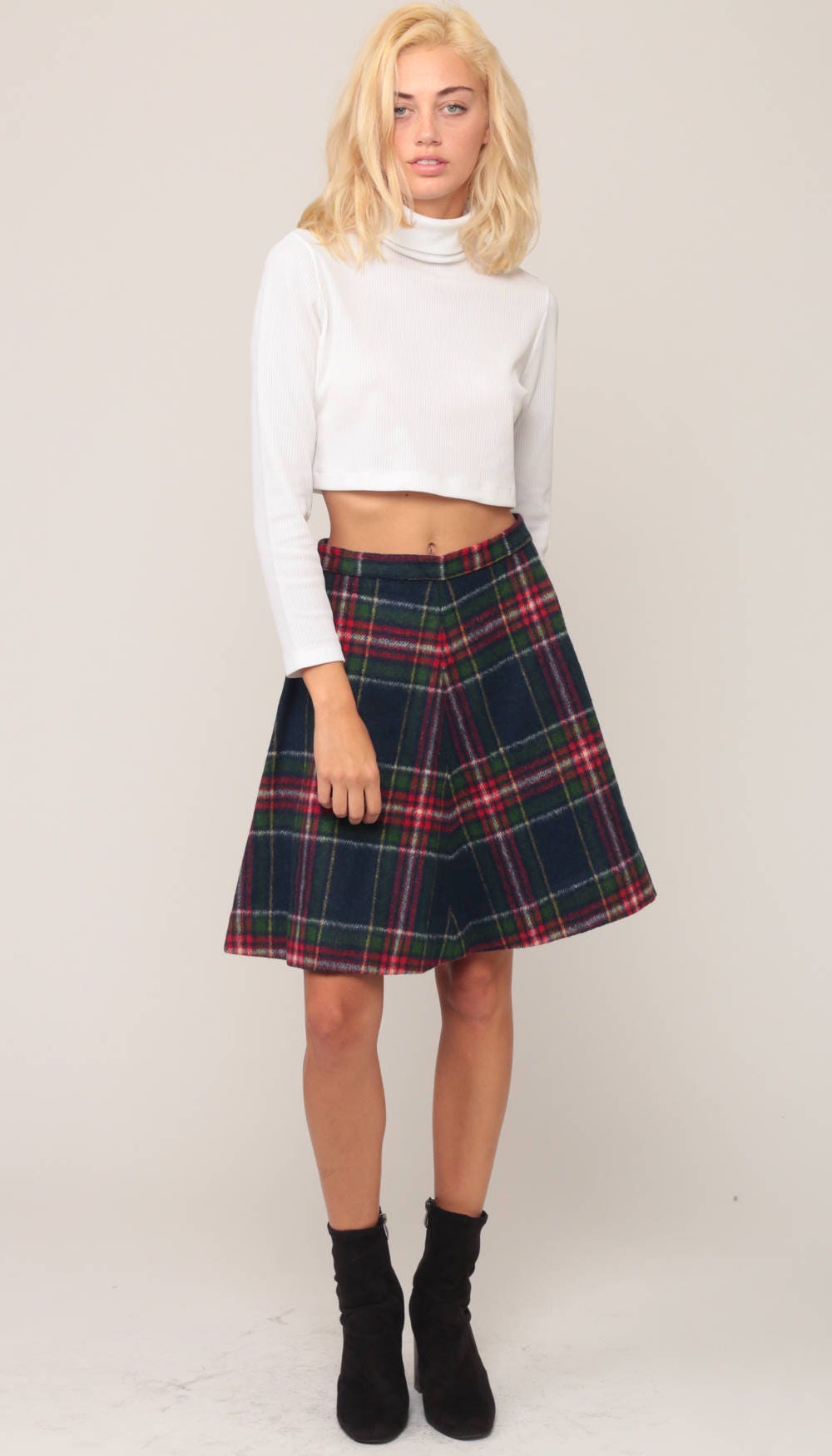 70s Plaid Mini Skirt High Waisted Knit Red Blue White Tartan Medium