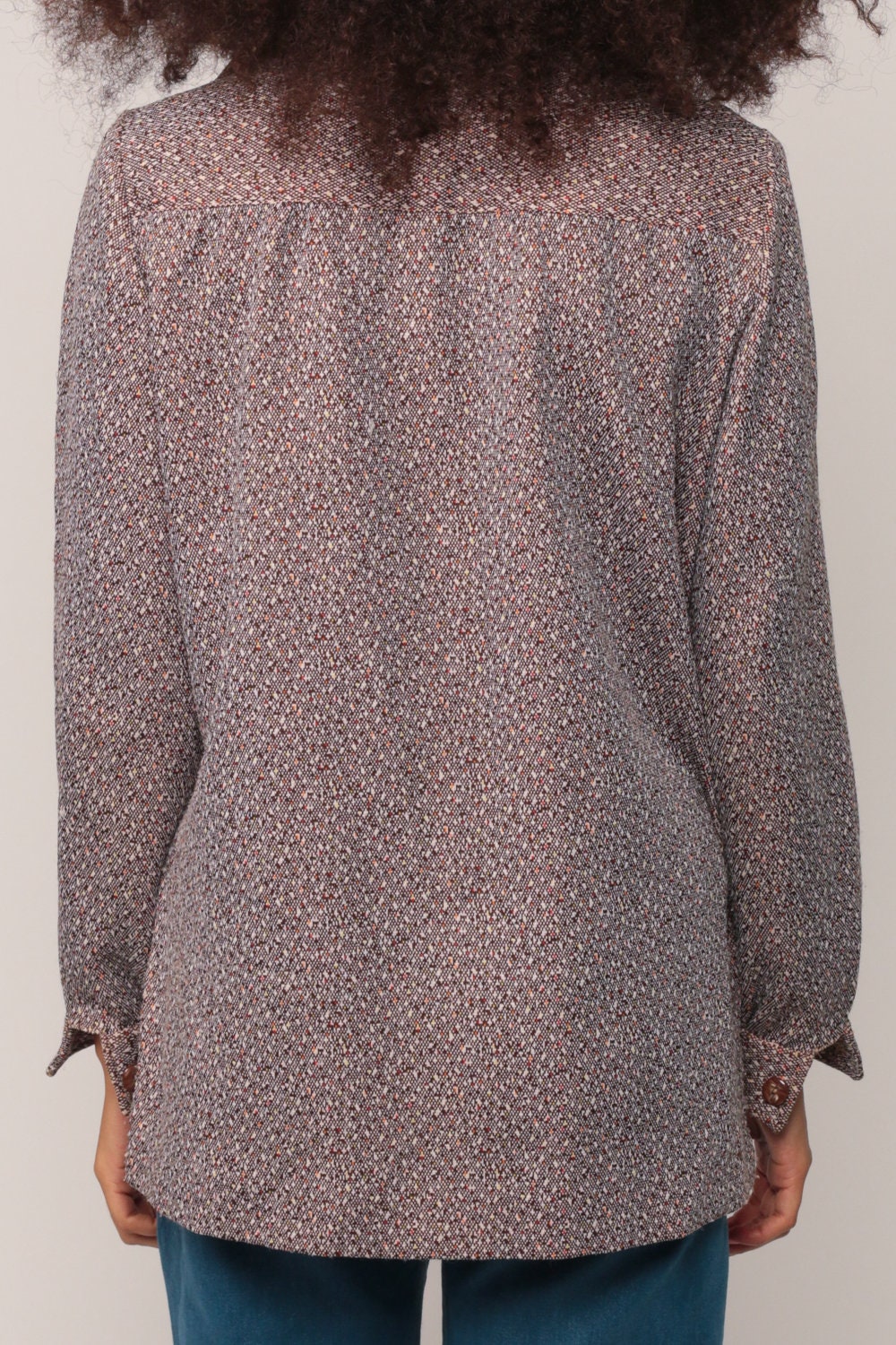 70s Flecked Brown Button-Up Shirt Long Sleeve Collared Blouse Medium
