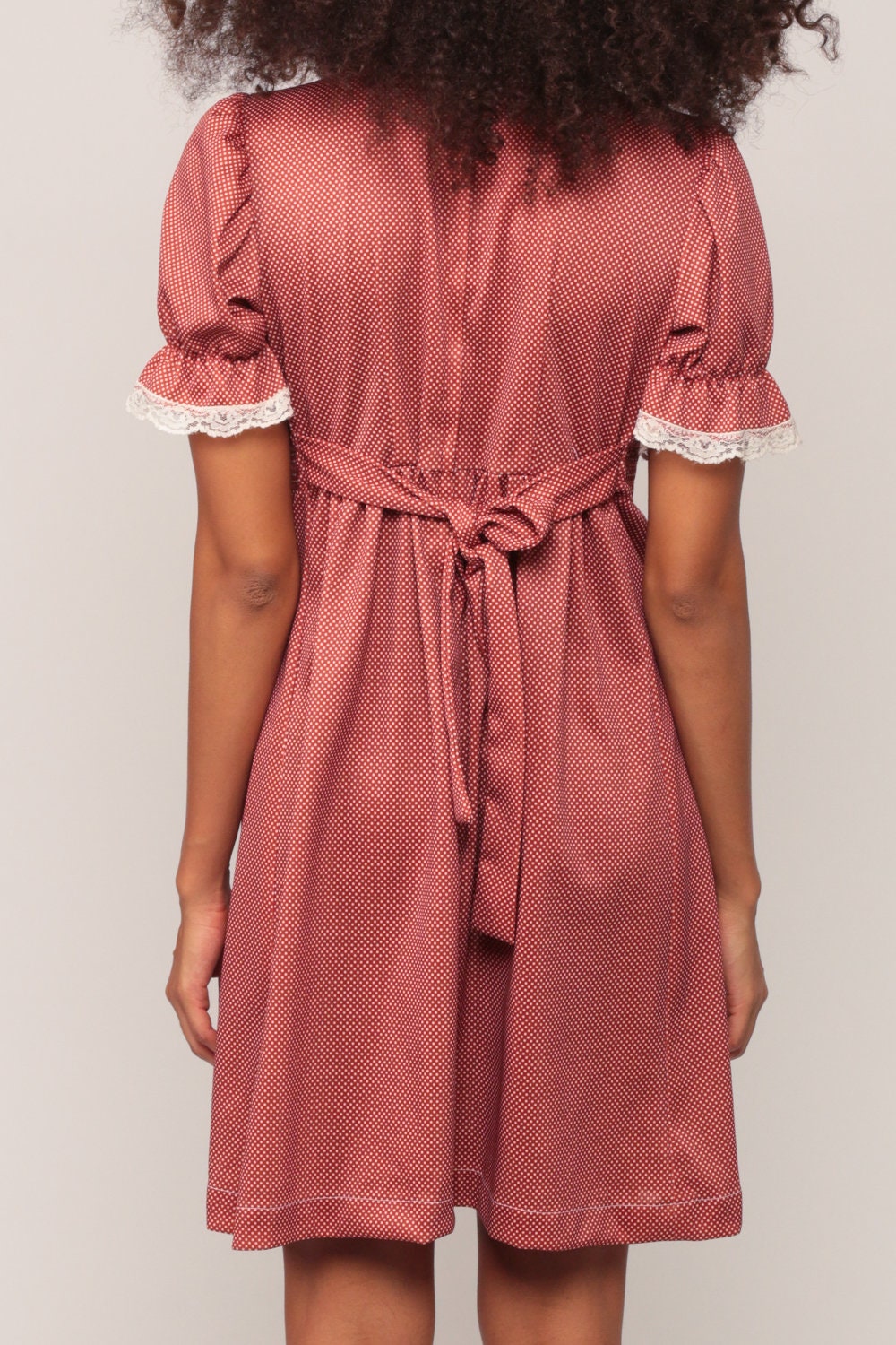 70s Rust Polka Dot Babydoll Mini Dress Puff Sleeve Lace Bib Small Medium