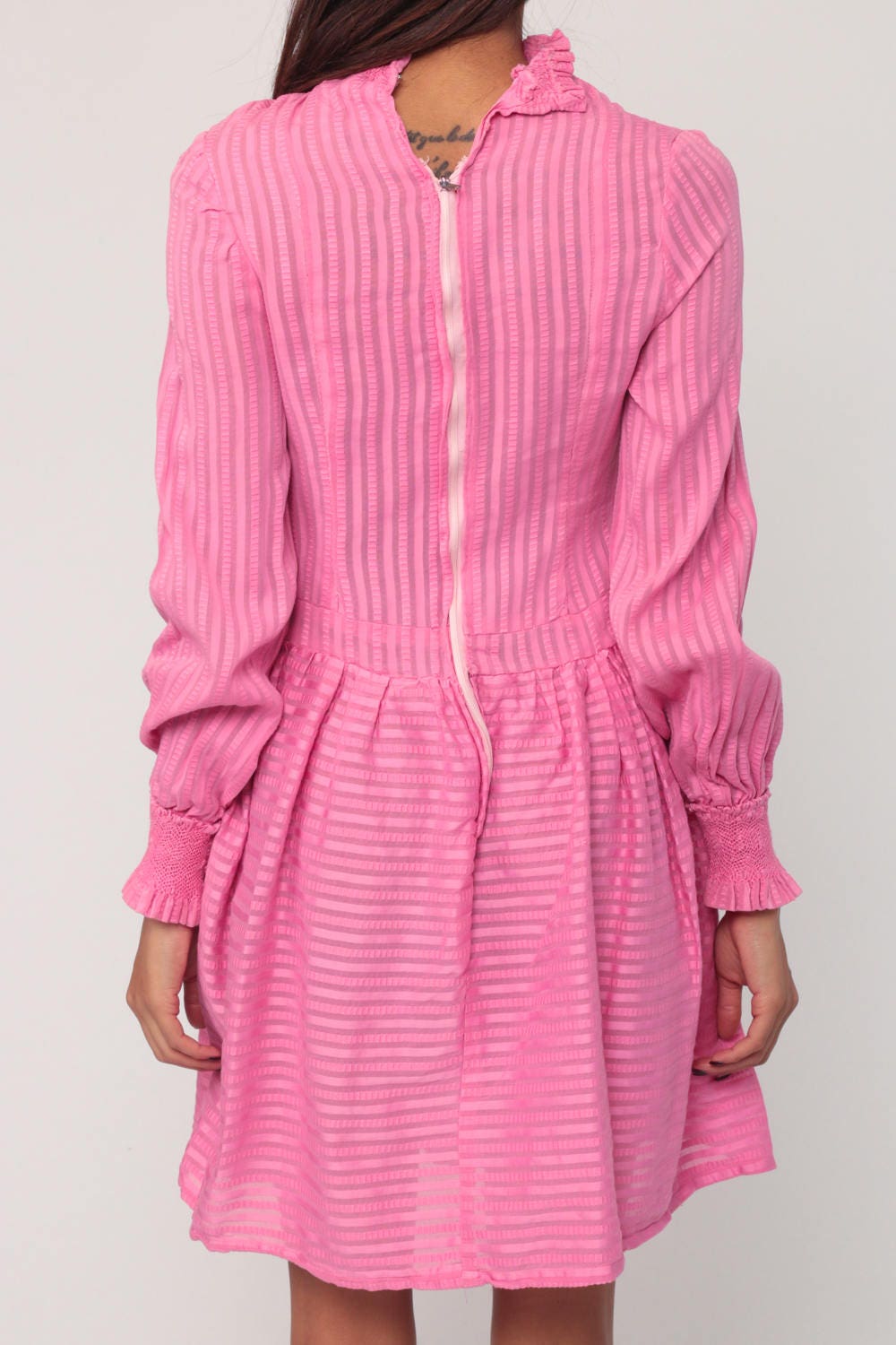 60s Pink Mod Mini Dress Ruffle Chest Long Sleeve Small