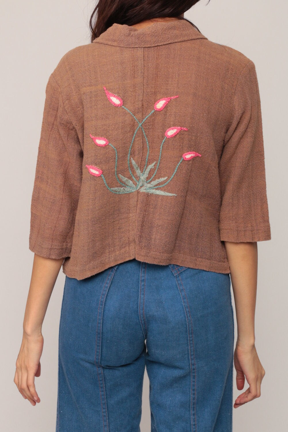 70s Floral Embroidered Brown Cotton Blouse 3/4 Sleeve Large