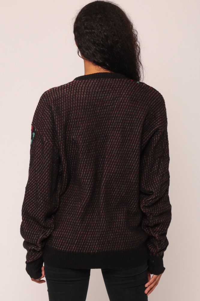 80s Geometric Tribal Print Knit Sweater Black Red Blue Large