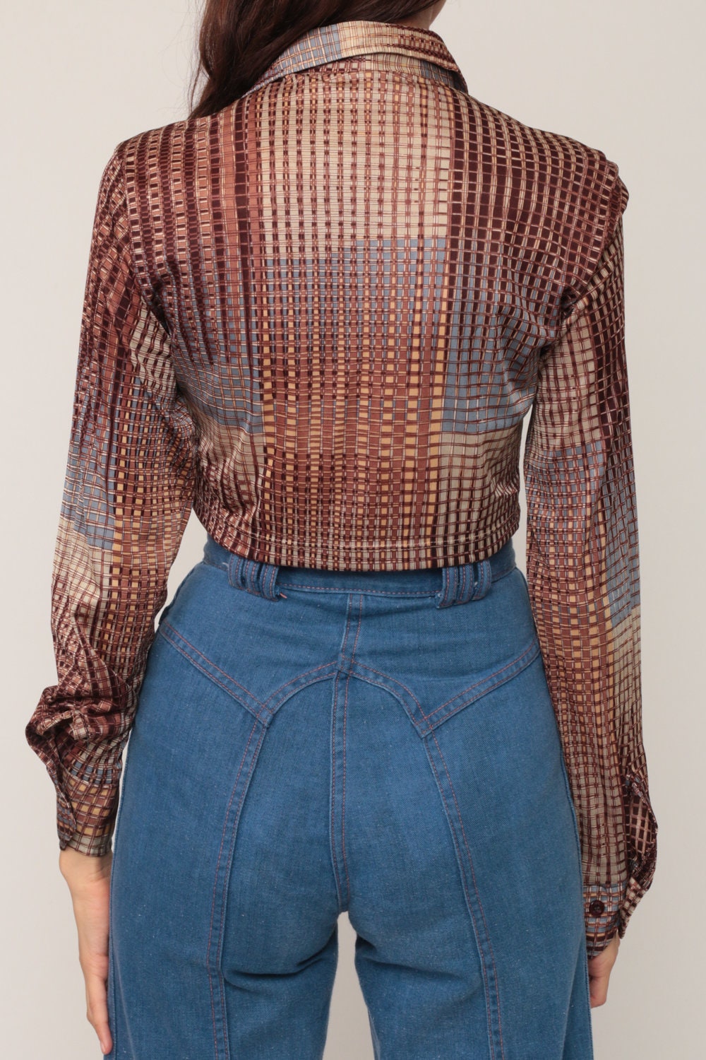 70s Checkered Button-Up Blouse Blue Brown Crop Top Small