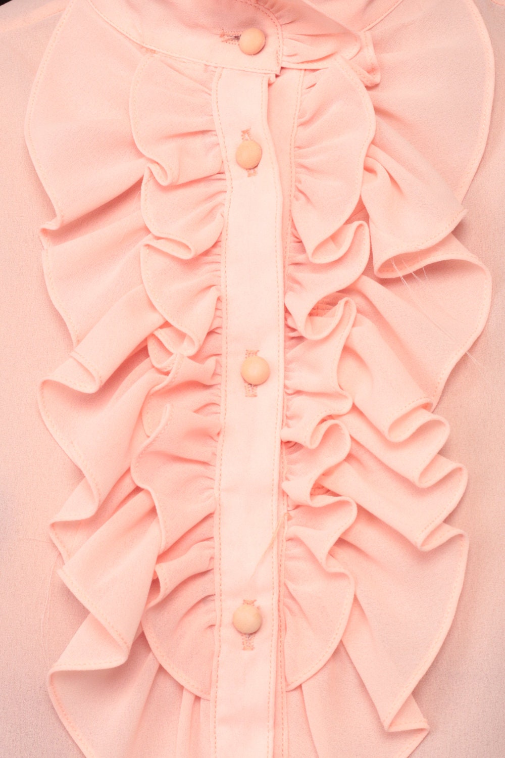 70s Baby Pink Tuxedo Blouse Crop Top Ruffle Sheer Long Sleeve Small