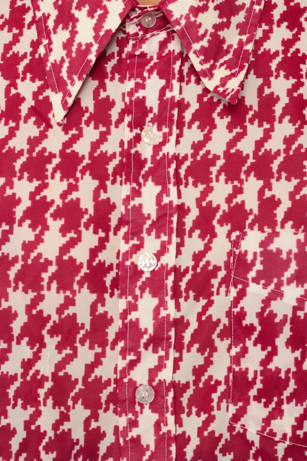 70s Houndstooth Crop Top Red Plaid Button-Up Long Sleeve Blouse Large